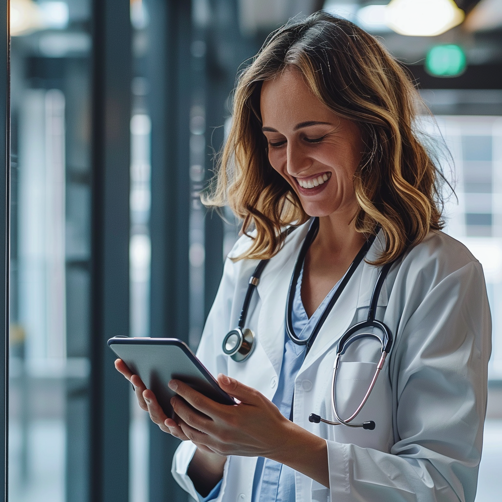 A smiling female healthcare professional in a white coat with a stethoscope around her neck is happily using a smartphone, potentially accessing mobile VoIP technology for patient care in a modern hospital setting.