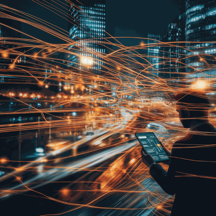 A dynamic scene set against the backdrop of a bustling cityscape, with a business professional confidently holding a smartphone displaying an active VoIP app interface. Glowing, vibrant lines of data connect the phone to various devices in the environment, symbolizing seamless mobility and connectivity. The city is alive with motion, featuring bright lights, sharp architectural details, and subtle reflections. The professional’s modern attire and confident expression add to the aspirational tone, ultra-realistic, high-energy composition with bright, engaging lighting