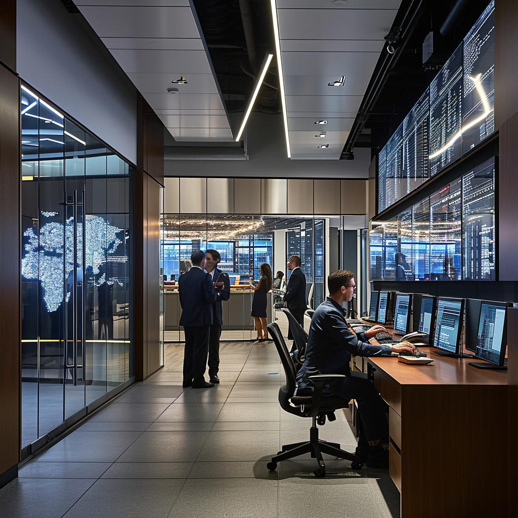 Modern office workspace with active workstations