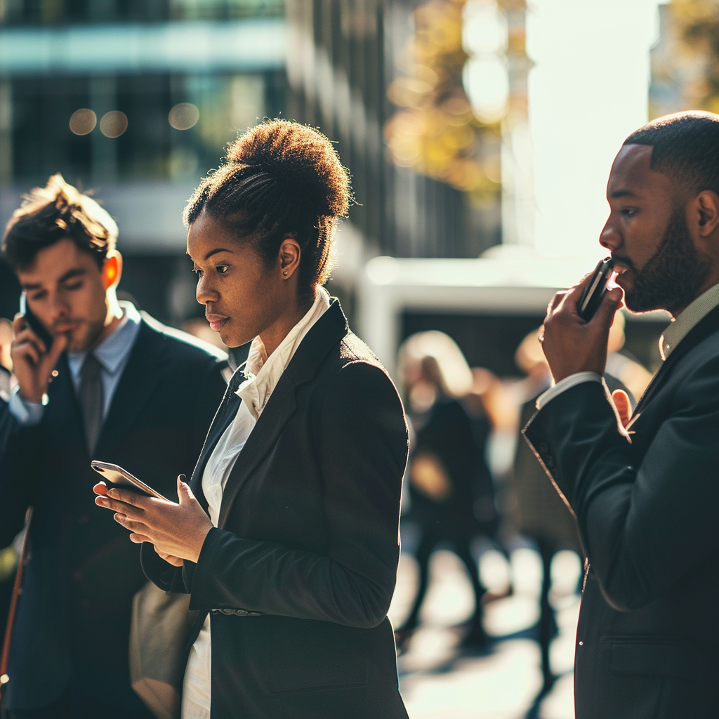 Business professionals using mobile phones in an urban setting