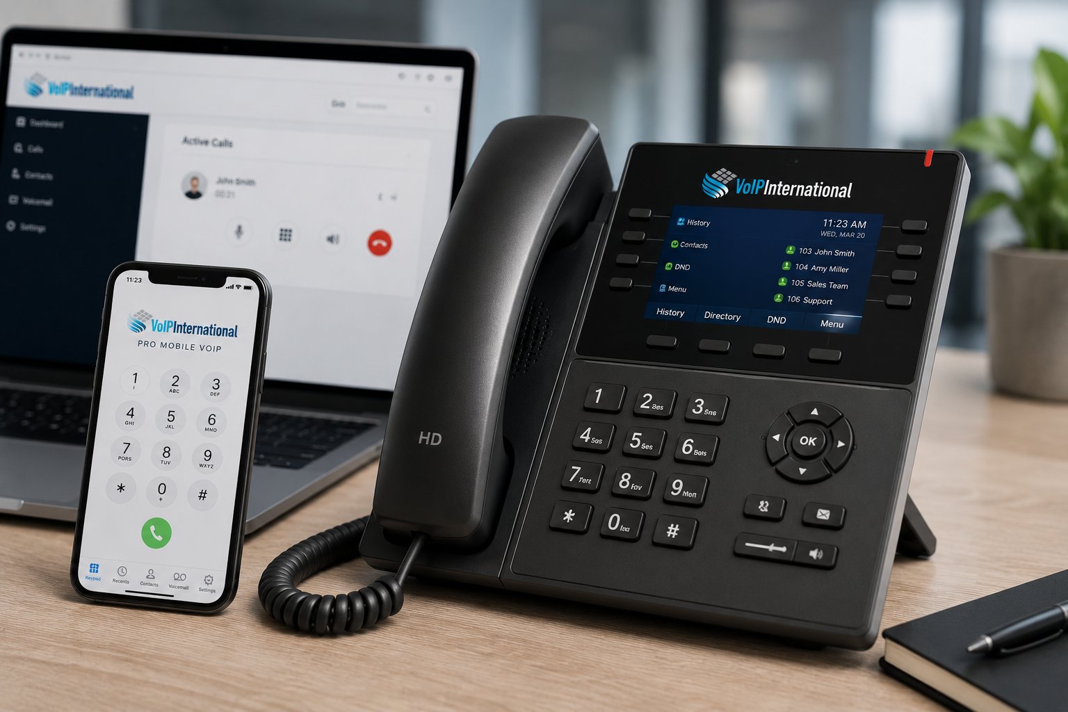 Business phone service on laptop, desk phone, and mobile