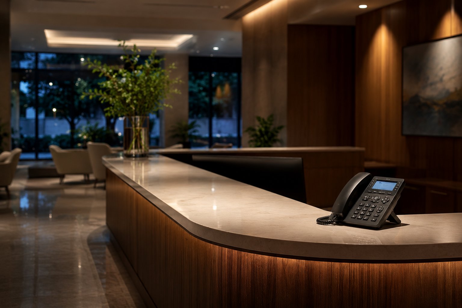 Empty professional reception lobby in the evening with single desk phone visible
