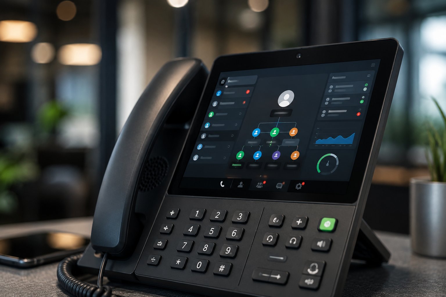 Modern business phone with on-screen call routing and presence interface