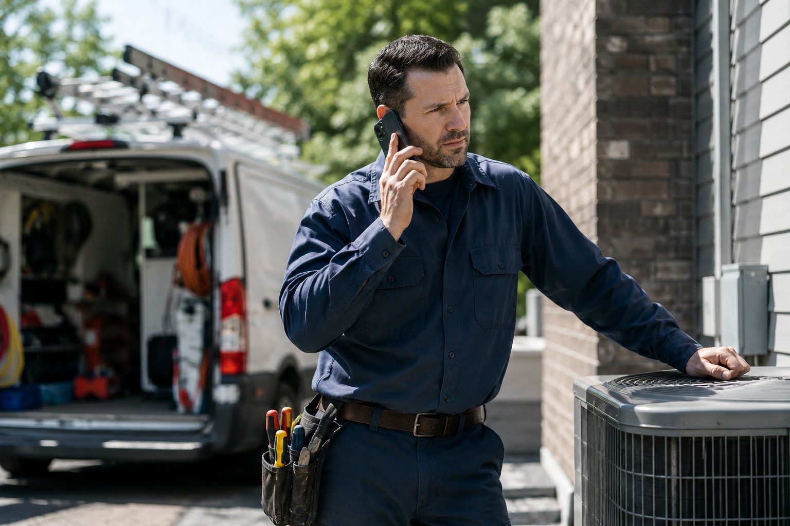 Field service technician on phone outside service truck