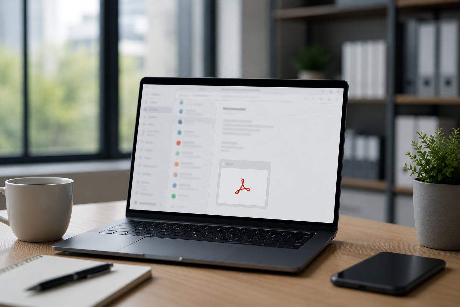 Laptop displaying email inbox with PDF attachment on a modern office desk