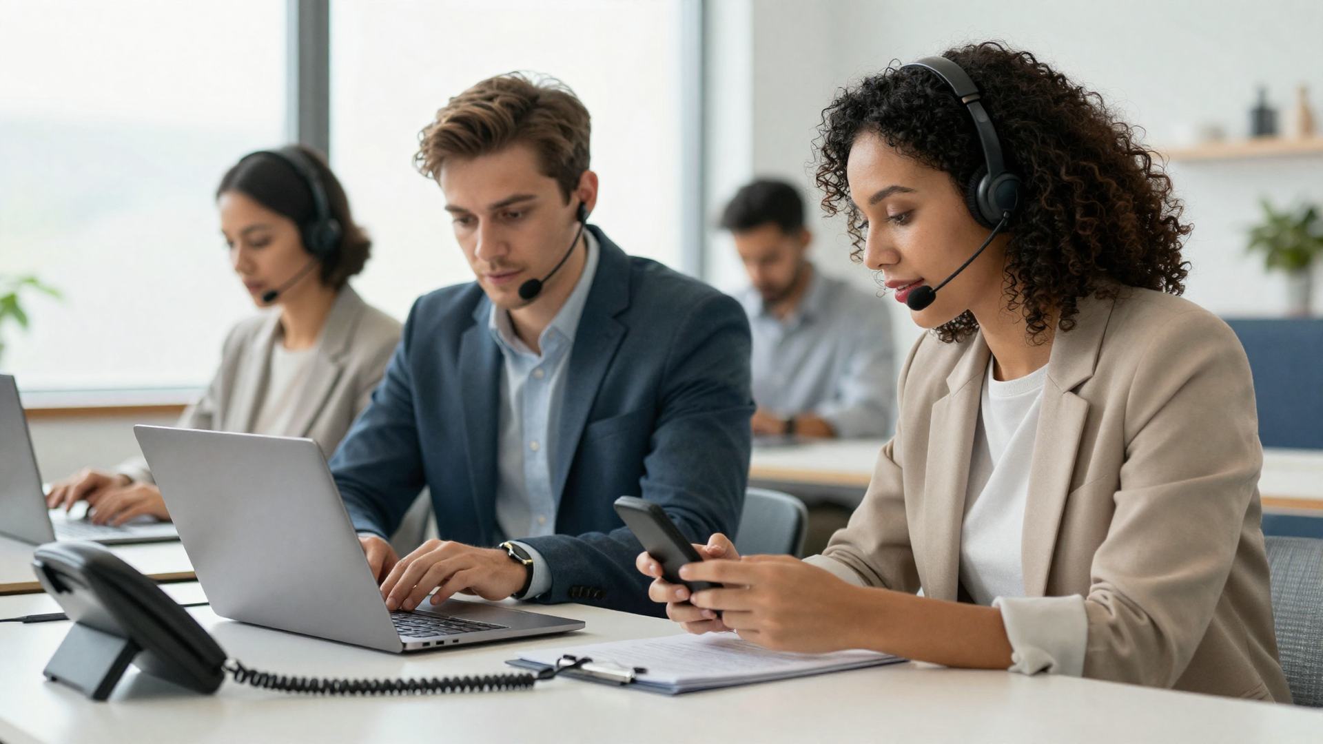 Modern business team collaborating at a desk with a laptop and headset