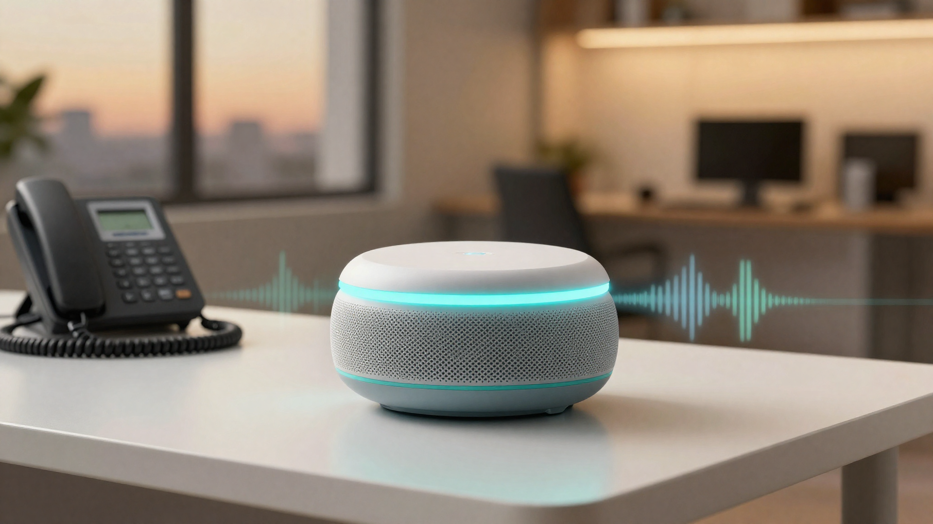 AI voice assistant with desk phone on minimalist desk
