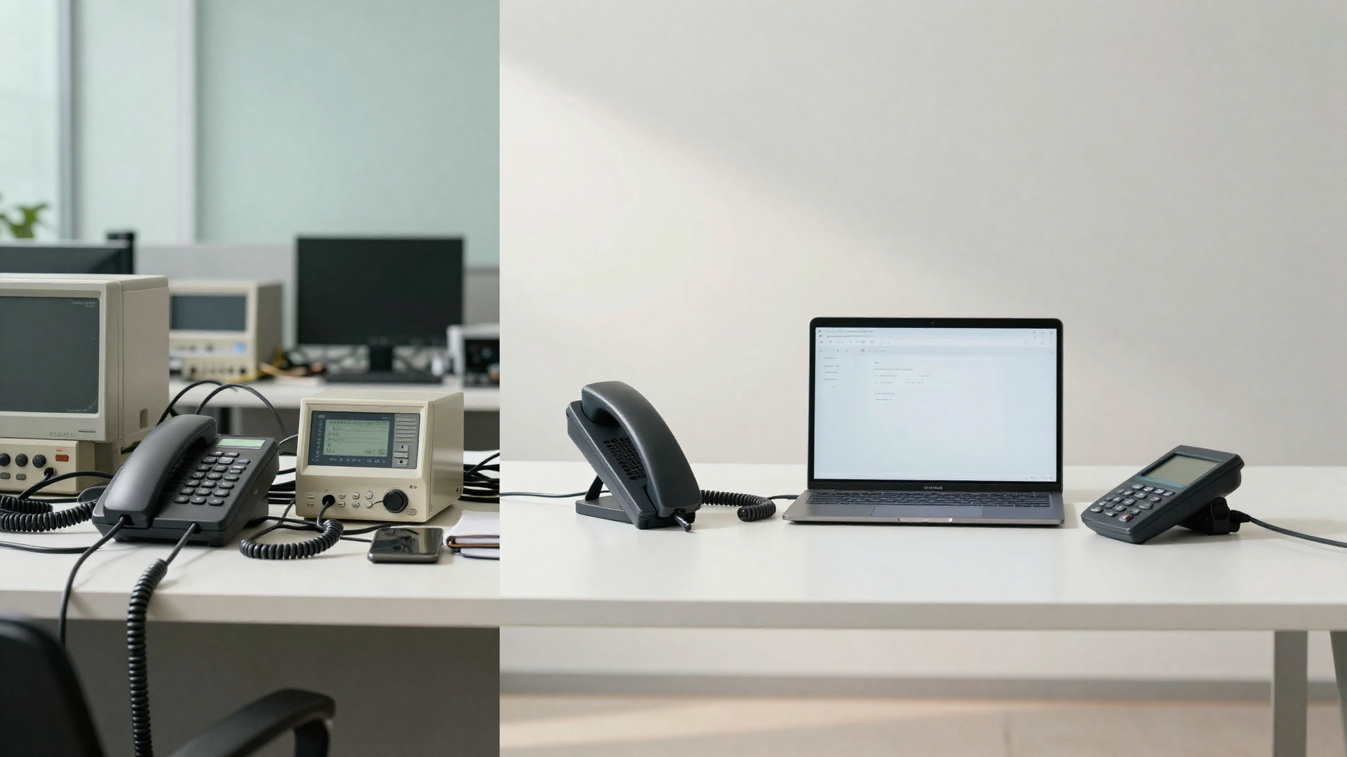 Comparison of cluttered old phone system versus modern minimalist setup