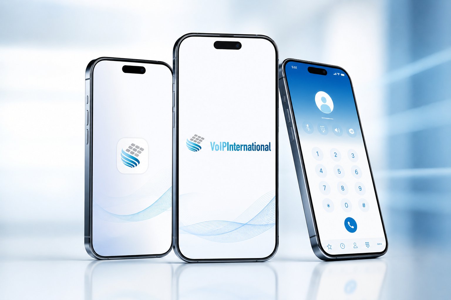VoIP International business mobile app on three iPhones — branded splash, app icon, and dialer — operator, not a reseller