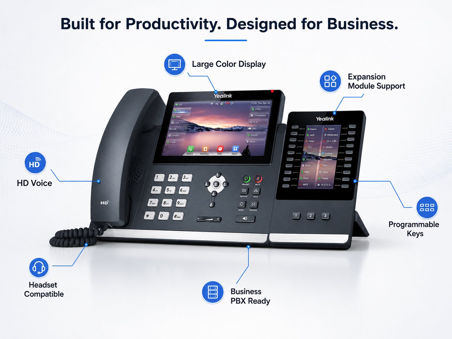 Yealink T46U desk phone with EXP43 expansion module - HD voice, large color display, programmable keys, and business PBX ready