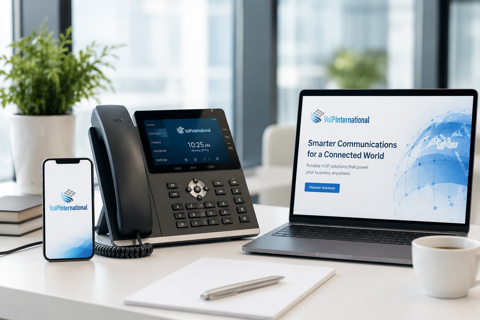 VoIP International business workspace - desk phone, mobile softphone, and laptop showing the platform - operator, not a reseller