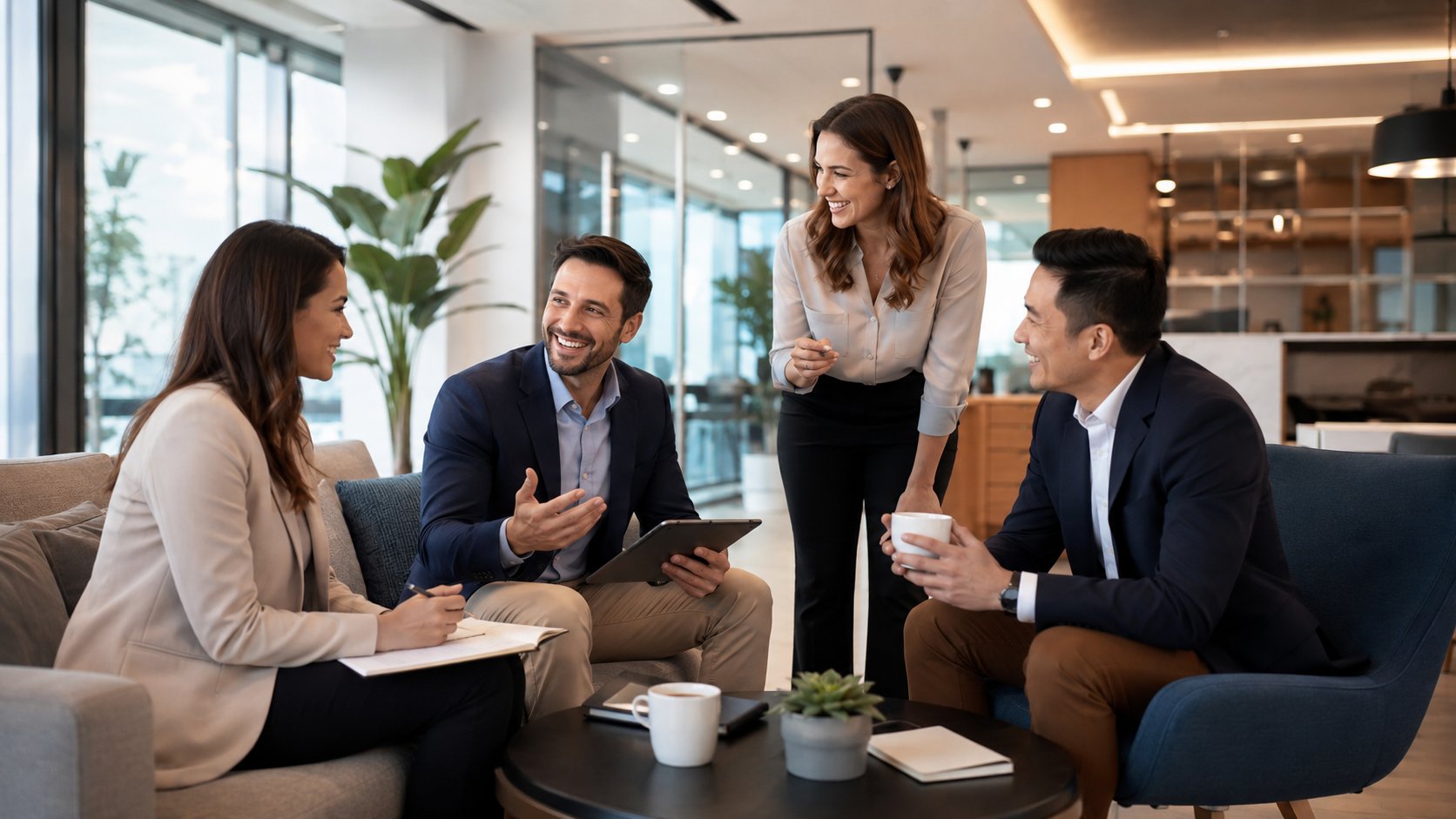 Sales team collaborating in a modern office lounge — inside reps, outside reps, and a manager working a deal together