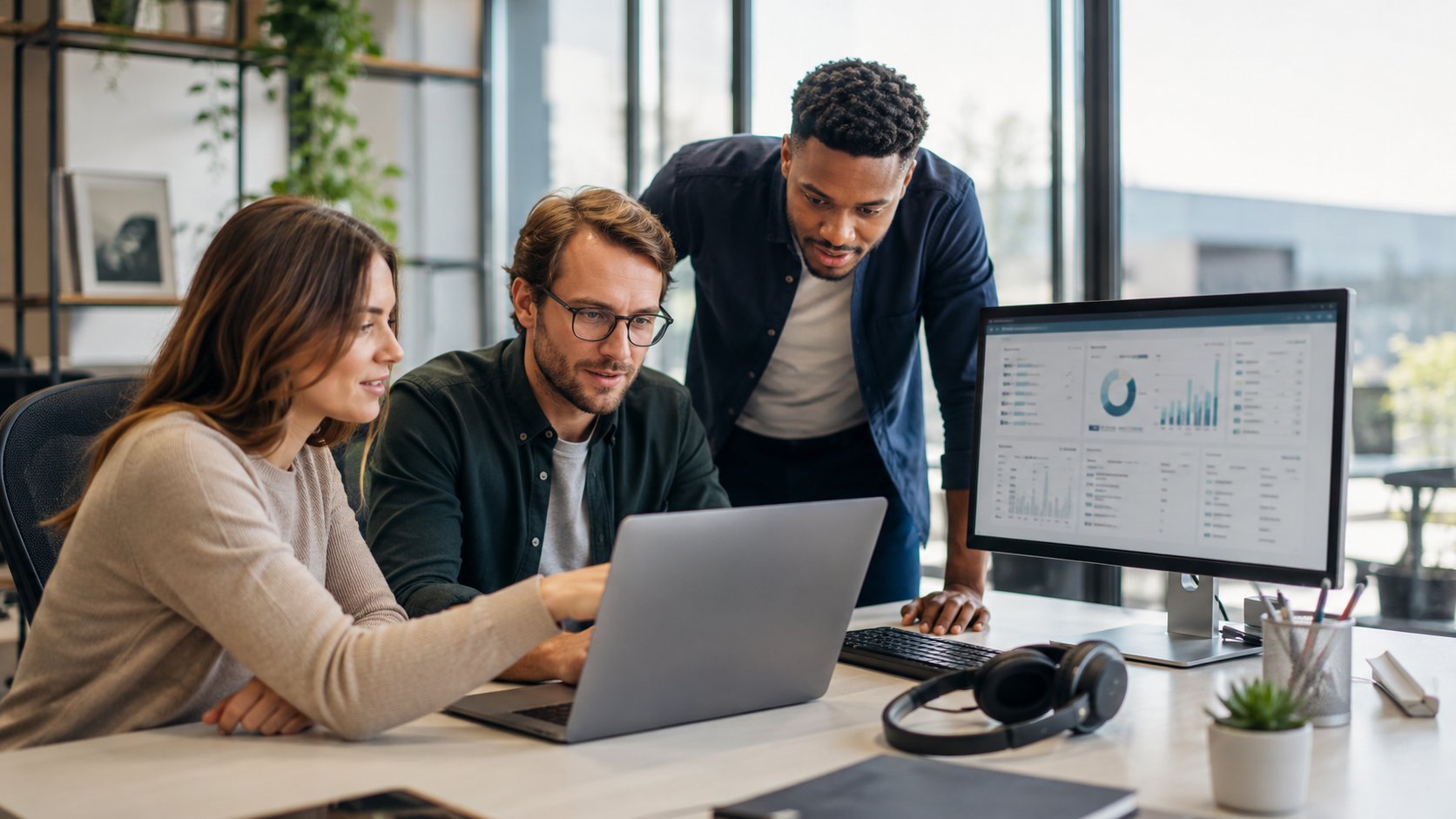 Three sales team members reviewing a CRM dashboard together on a laptop with a second monitor showing pipeline analytics