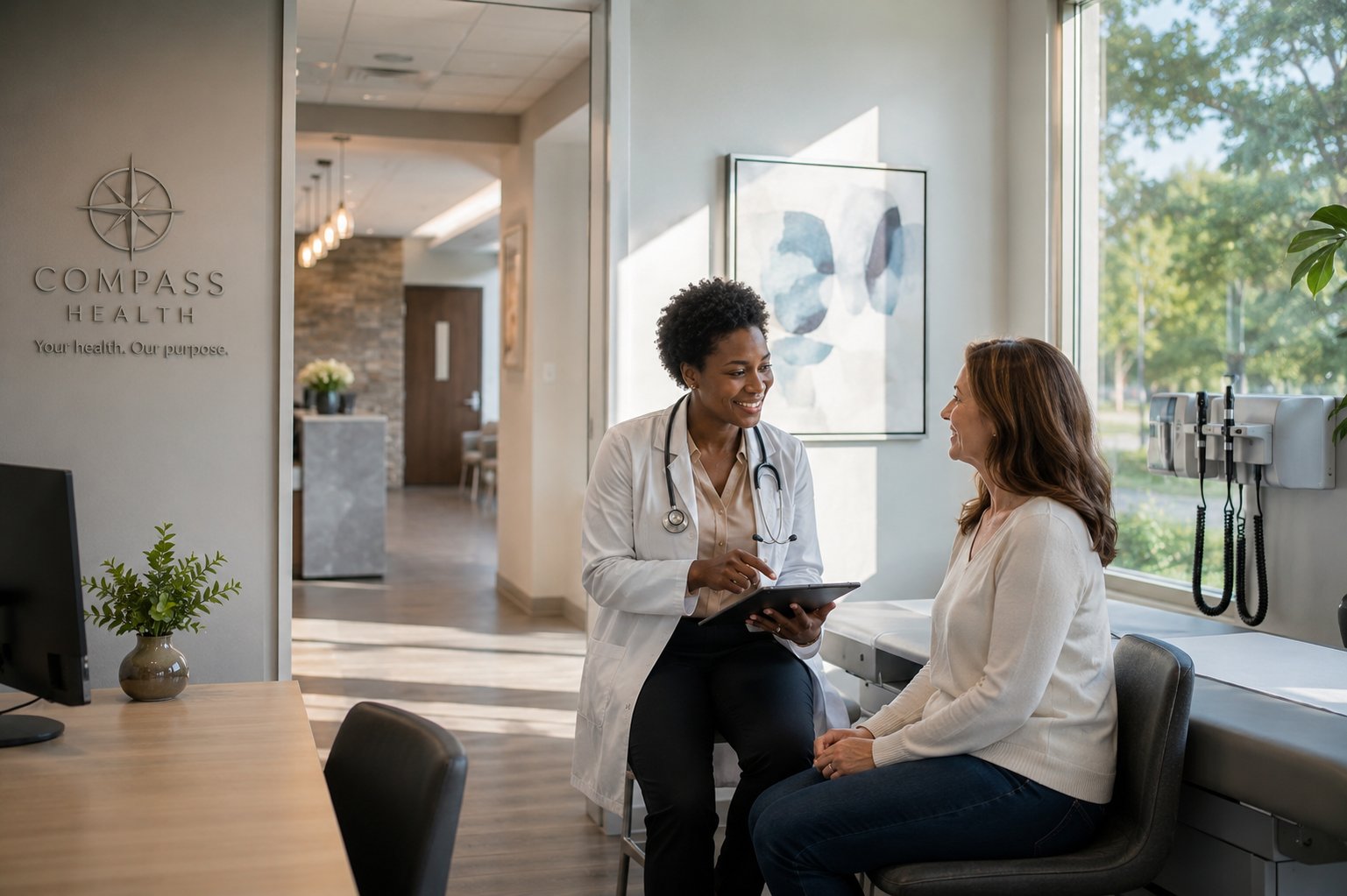 Healthcare practitioner consulting with a patient at a modern medical clinic - HIPAA-compliant phone, AI receptionist, cloud fax, and business cellular built for medical practices