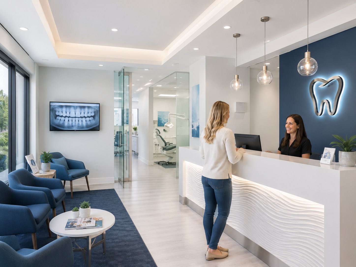 Bright modern dental clinic reception - patient checking in with front desk staff, comfortable waiting area, and treatment room visible beyond