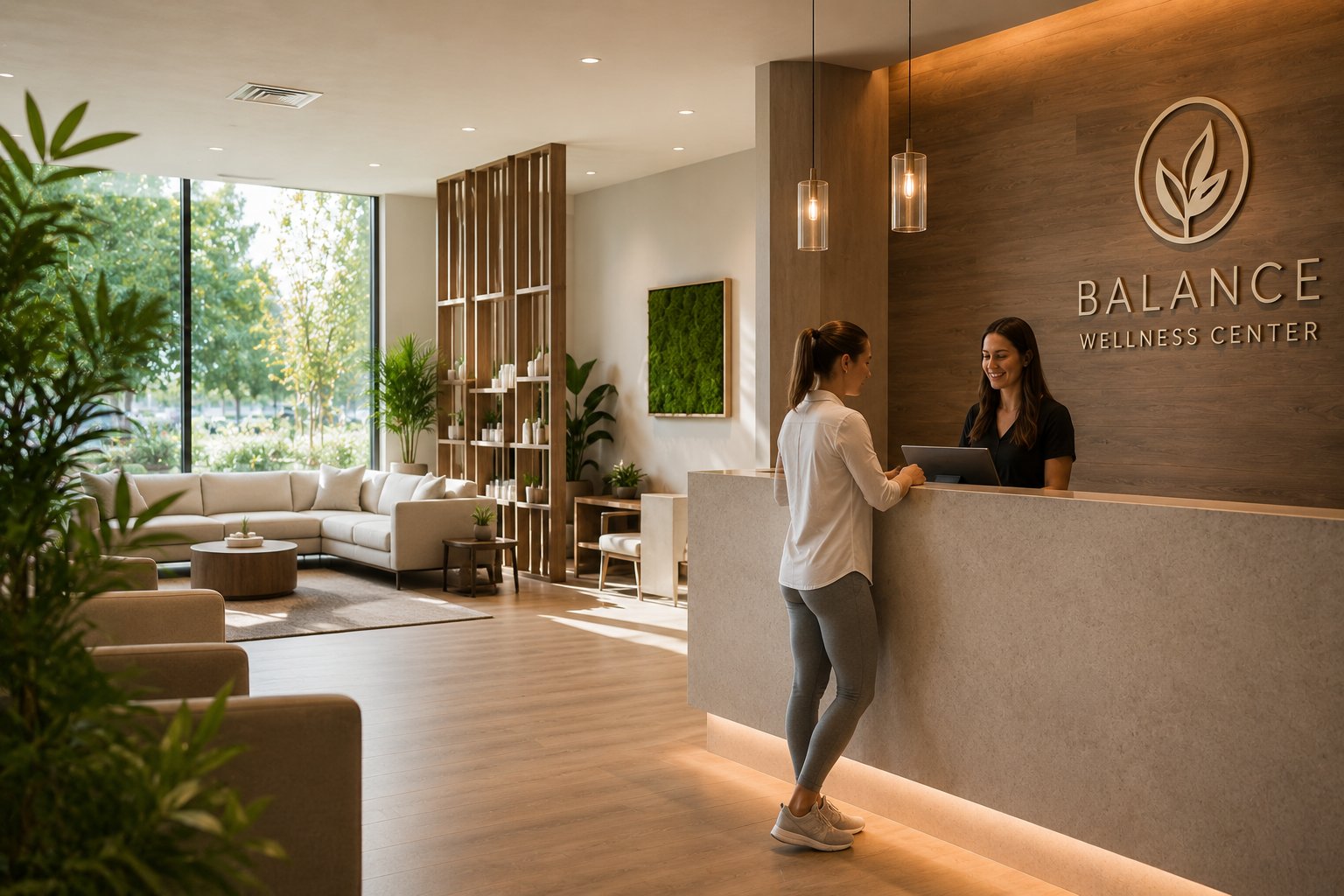 Bright modern wellness clinic reception - patient checking in at the front desk, comfortable lounge seating, plants, and soft natural light