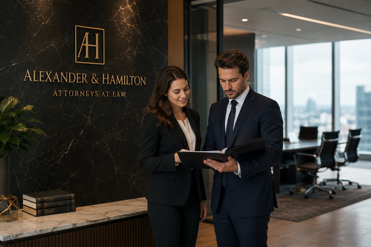 Modern law firm lobby with marble reception, attorney and associate reviewing documents, and a conference room visible beyond