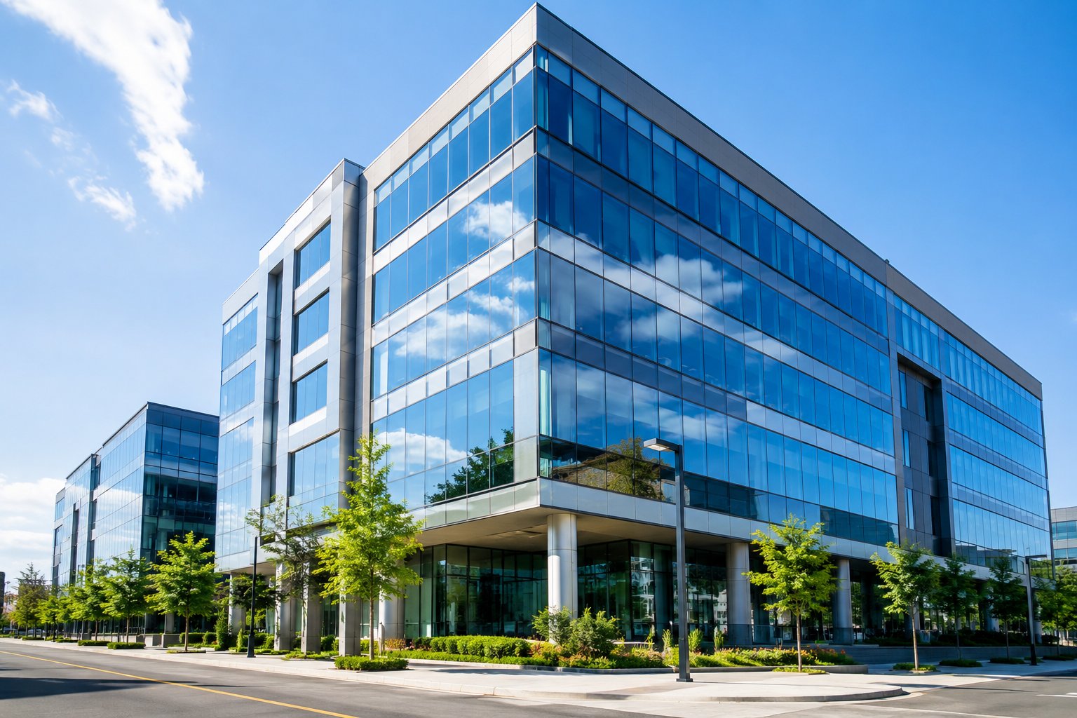 Modern commercial office building with reflective glass facade and landscaped grounds - the kind of multi-tenant real estate brokerages and property managers list and represent