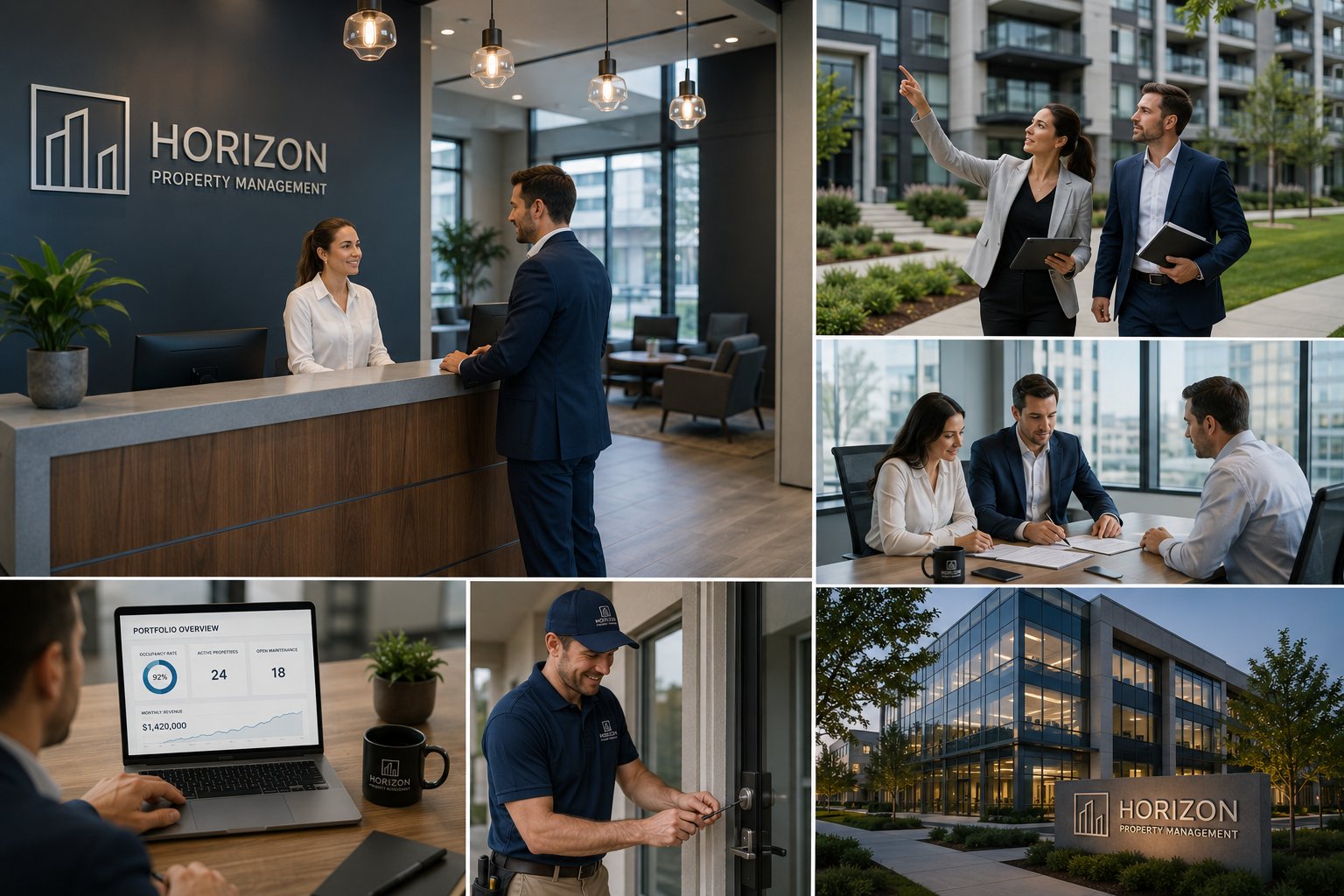 Property management operations - reception, leasing tour, signing meeting, portfolio dashboard, maintenance, and office exterior