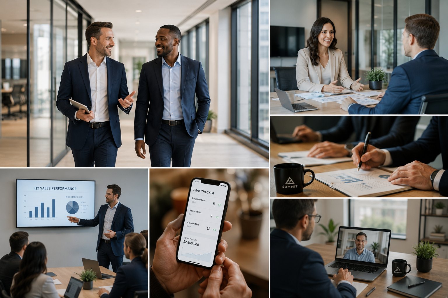 Multi-location business operations - leadership walking the building, in-office sales meeting, contract signing, Q2 sales performance review, deal tracker on mobile, and remote video meeting