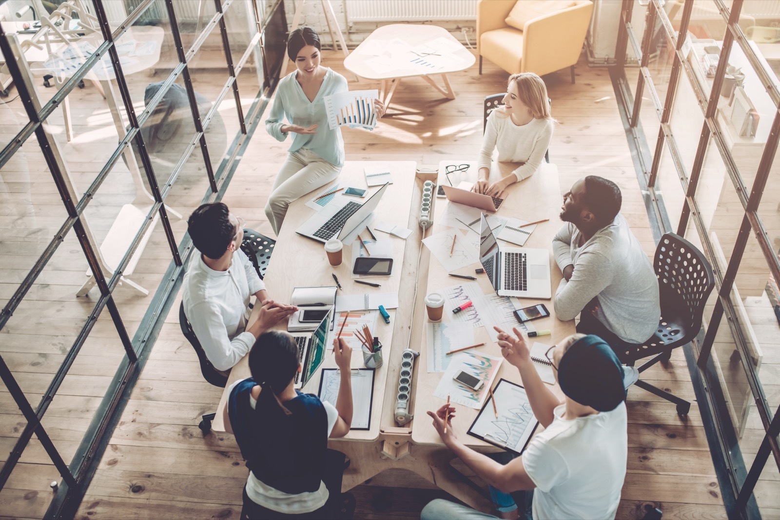 Team working together in an open office