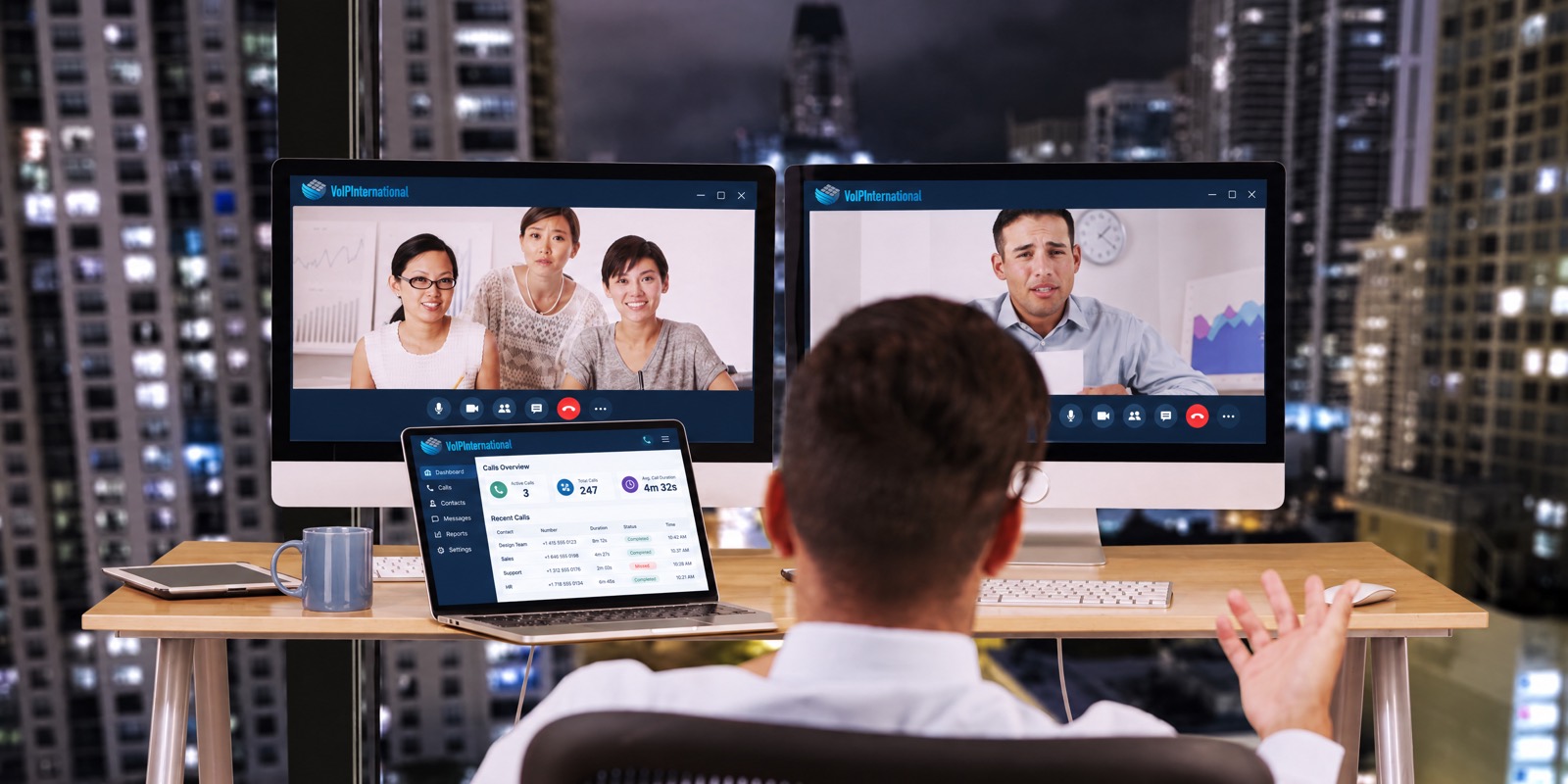 Team on a video call with another office